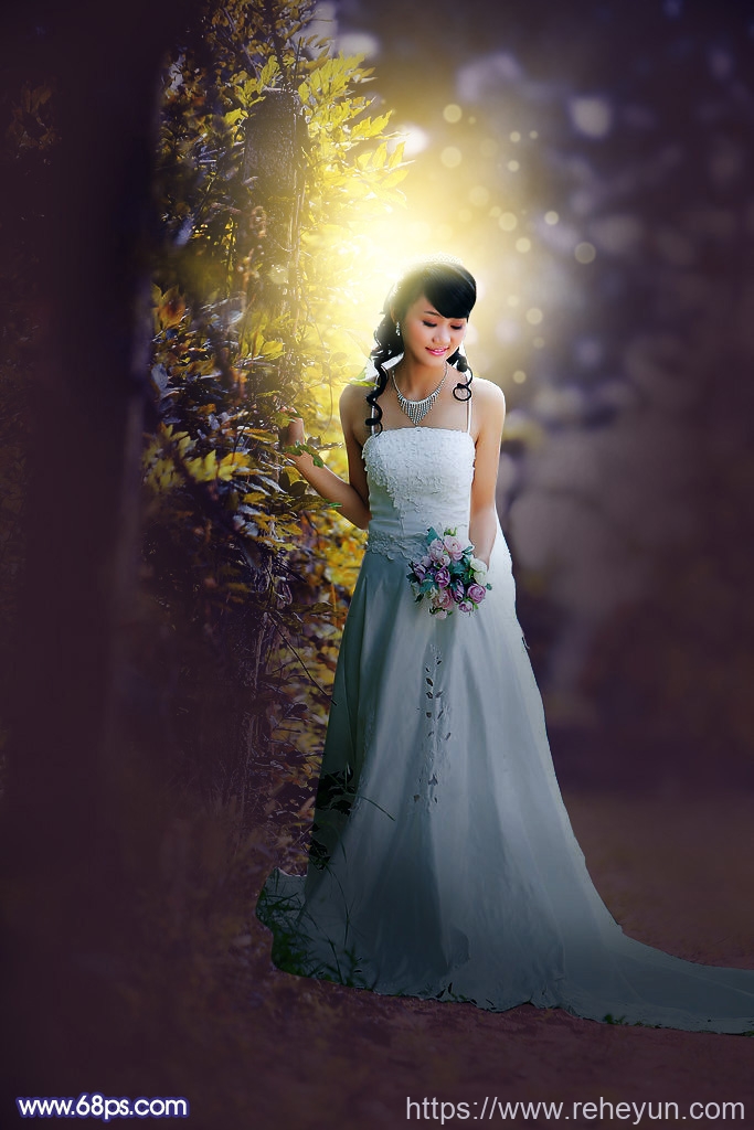 Photoshop调出橙色逆光树林新娘婚纱照片 - 第1张  | 热河云