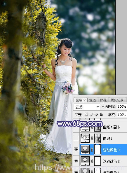 Photoshop调出橙色逆光树林新娘婚纱照片插图6