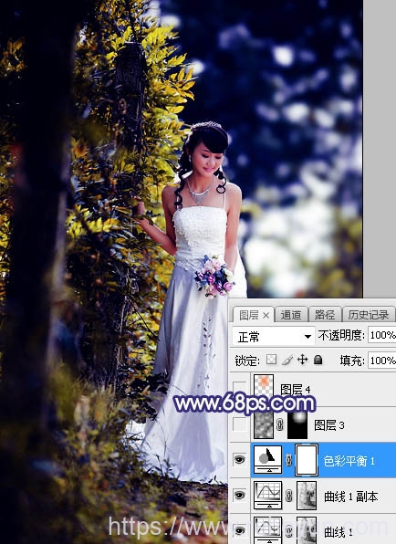 Photoshop调出橙色逆光树林新娘婚纱照片-热河云
