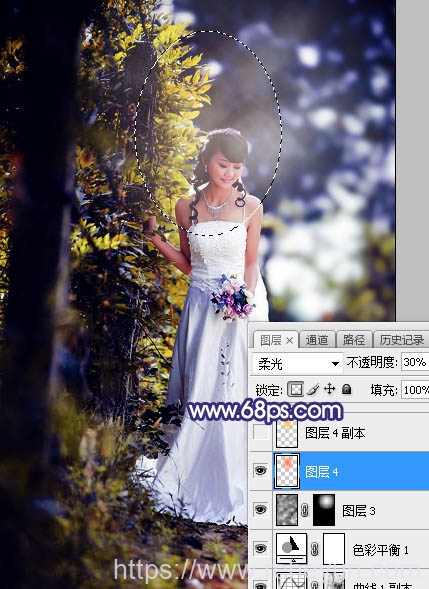 Photoshop调出橙色逆光树林新娘婚纱照片-热河云