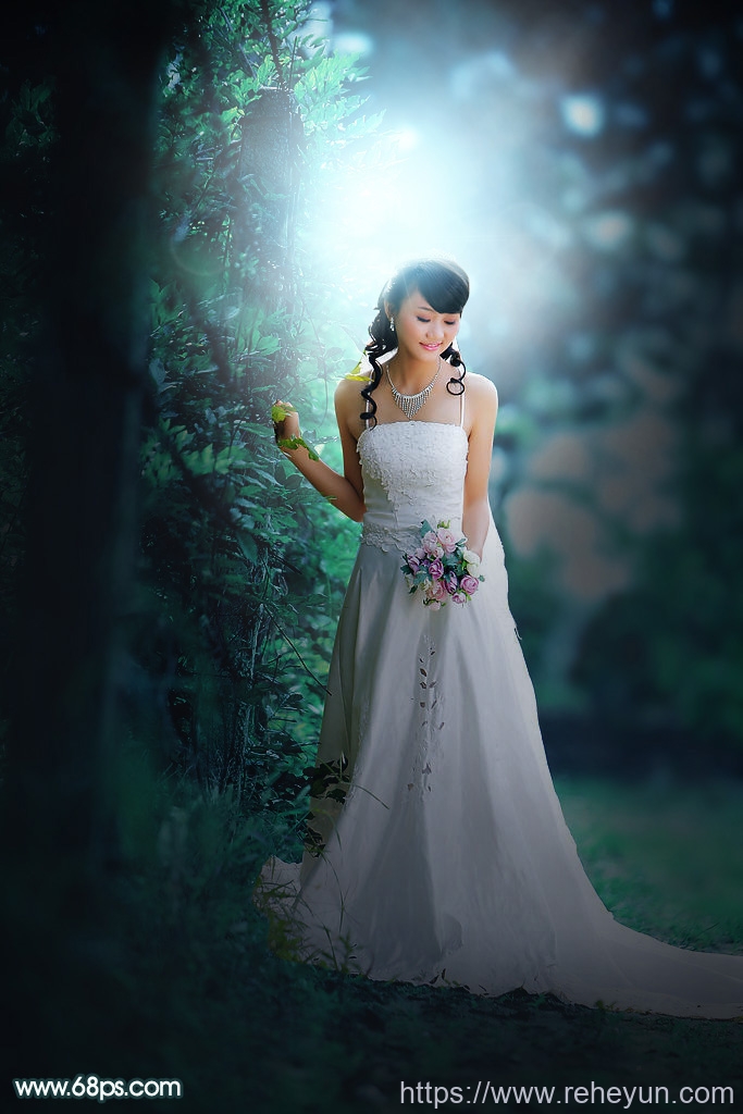 调出青蓝色逆光树林新娘婚纱照片的PS教程-热河云