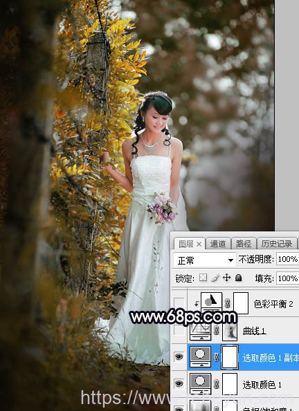 给树林背景婚纱照片添加暖色逆光效果-热河云