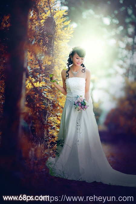 Photoshop调出逆光青红色新娘婚纱照片
