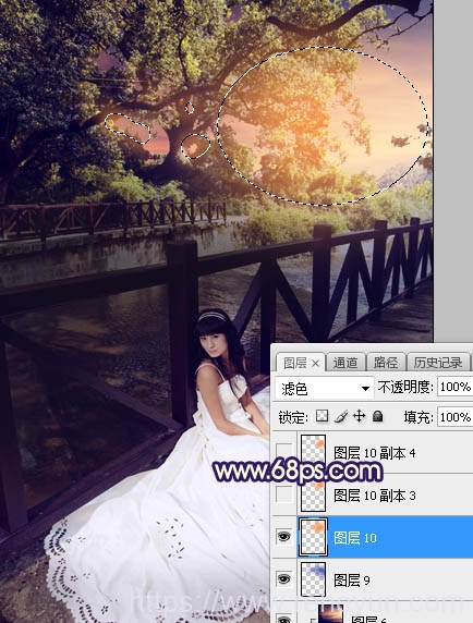 调出公园背景紫黄色霞光婚纱照片的PS教程-热河云