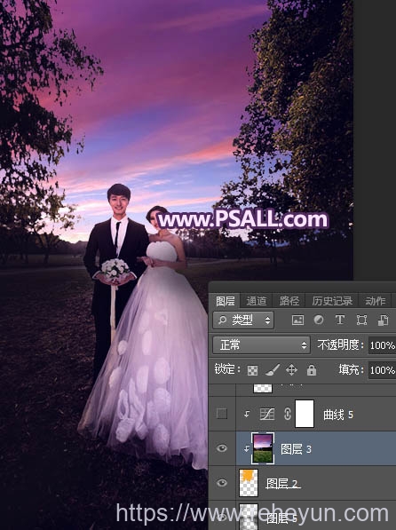 给外景婚片添加唯美紫色夕阳效果的PS教程-热河云
